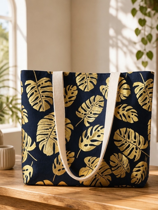 Handbags - Navy Tote with Metallic Gold Leaf Print